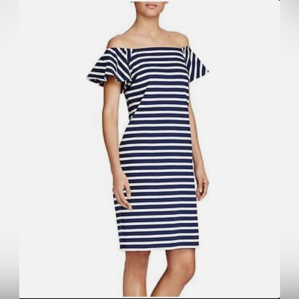 Lauren Ralph Lauren Off Shoulder Knit Holiday Dress Black White striped Medium